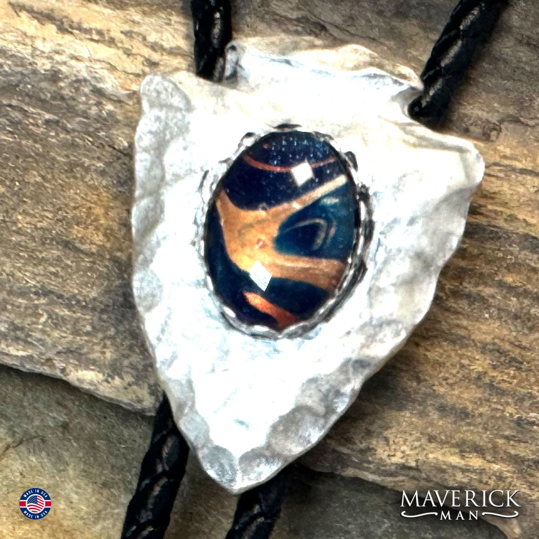 Hammered arrowhead bolo with hand painted stone from the OWL collection