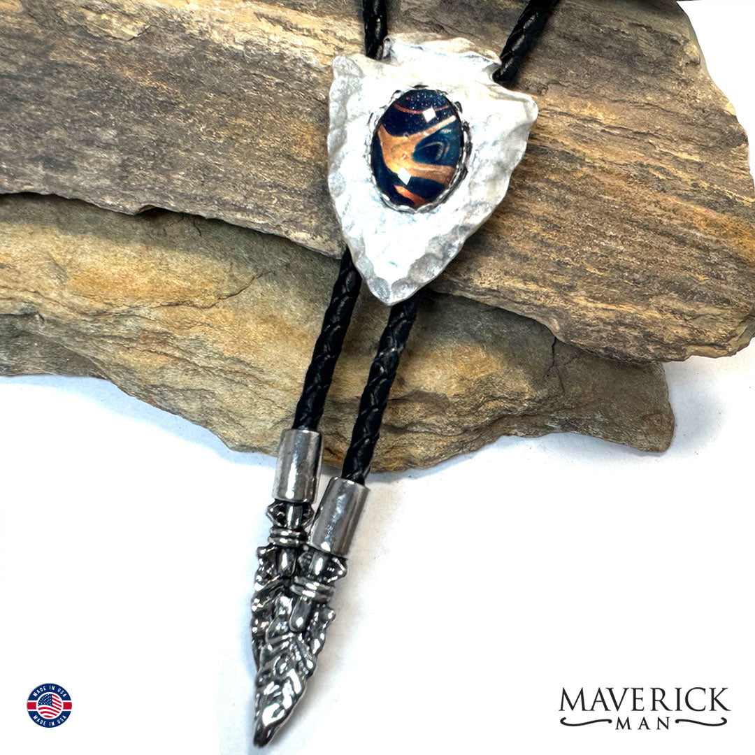 Hammered arrowhead bolo with hand painted stone from the OWL collection