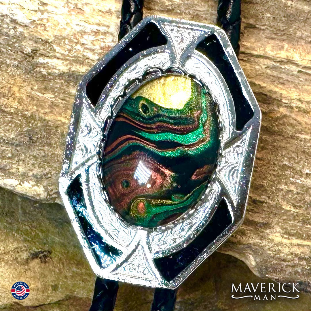 Bolo tie with hand painted stone in our greens