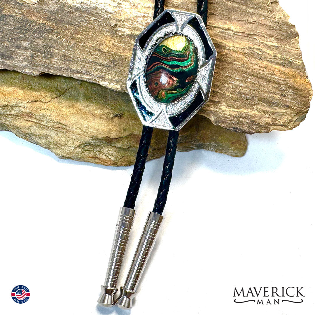 Bolo tie with hand painted stone in our greens