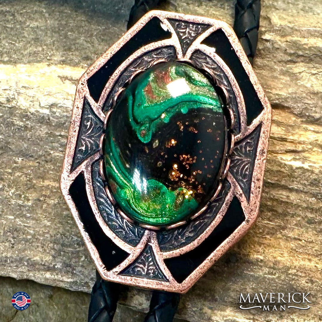 Dressy copper geometric bolo tie with hand painted stone