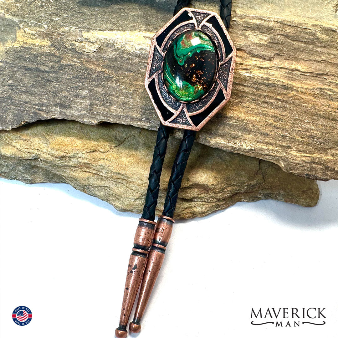 Dressy copper geometric bolo tie with hand painted stone