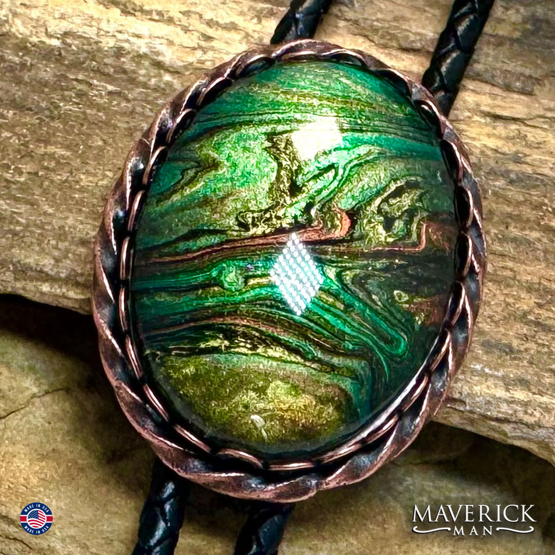 Large copper twist bolo tie with hand painted stone