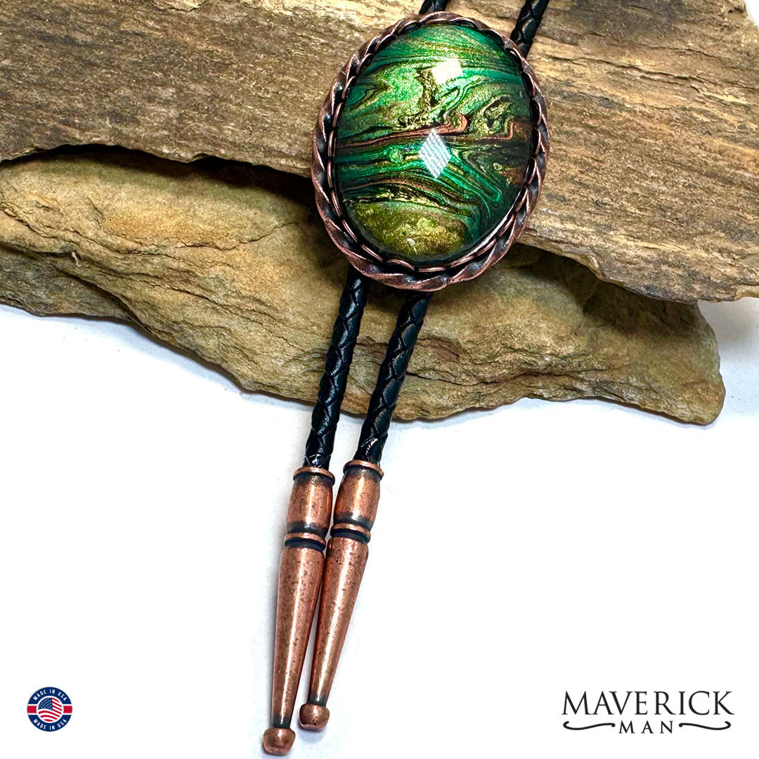 Large copper twist bolo tie with hand painted stone