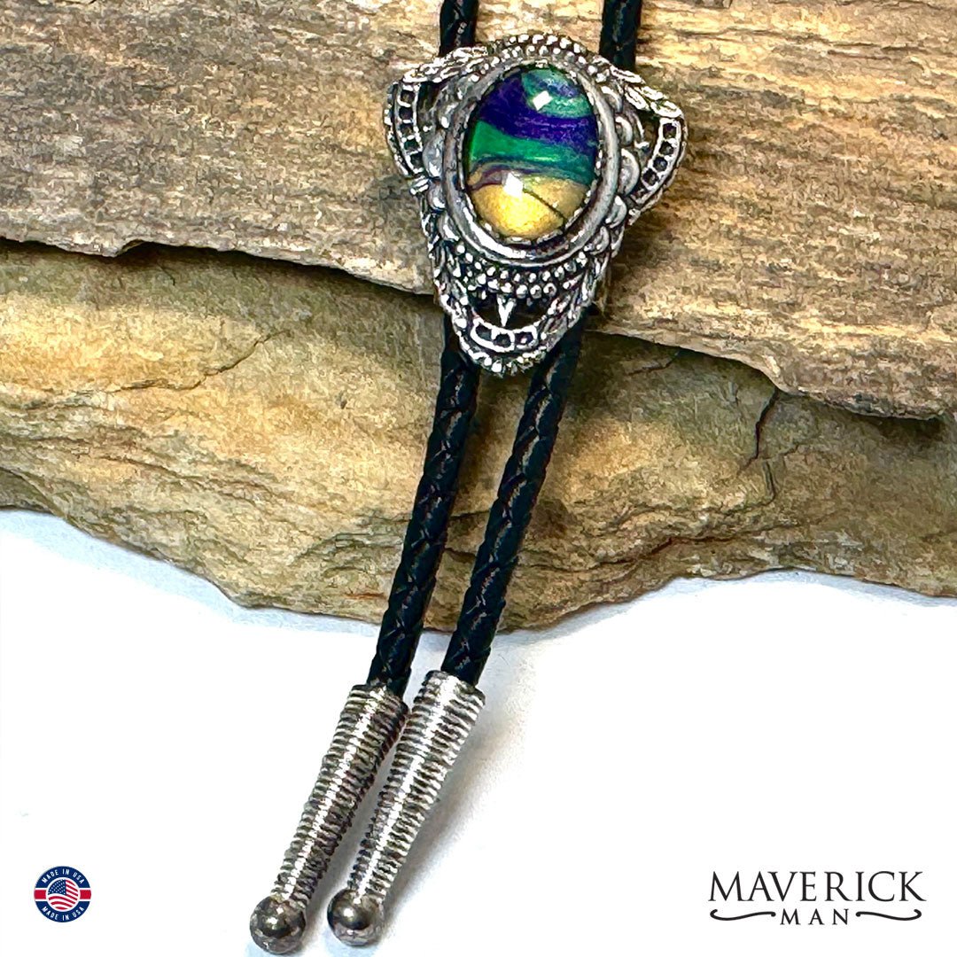 Small bolo tie with hand painted stone in purple green and gold