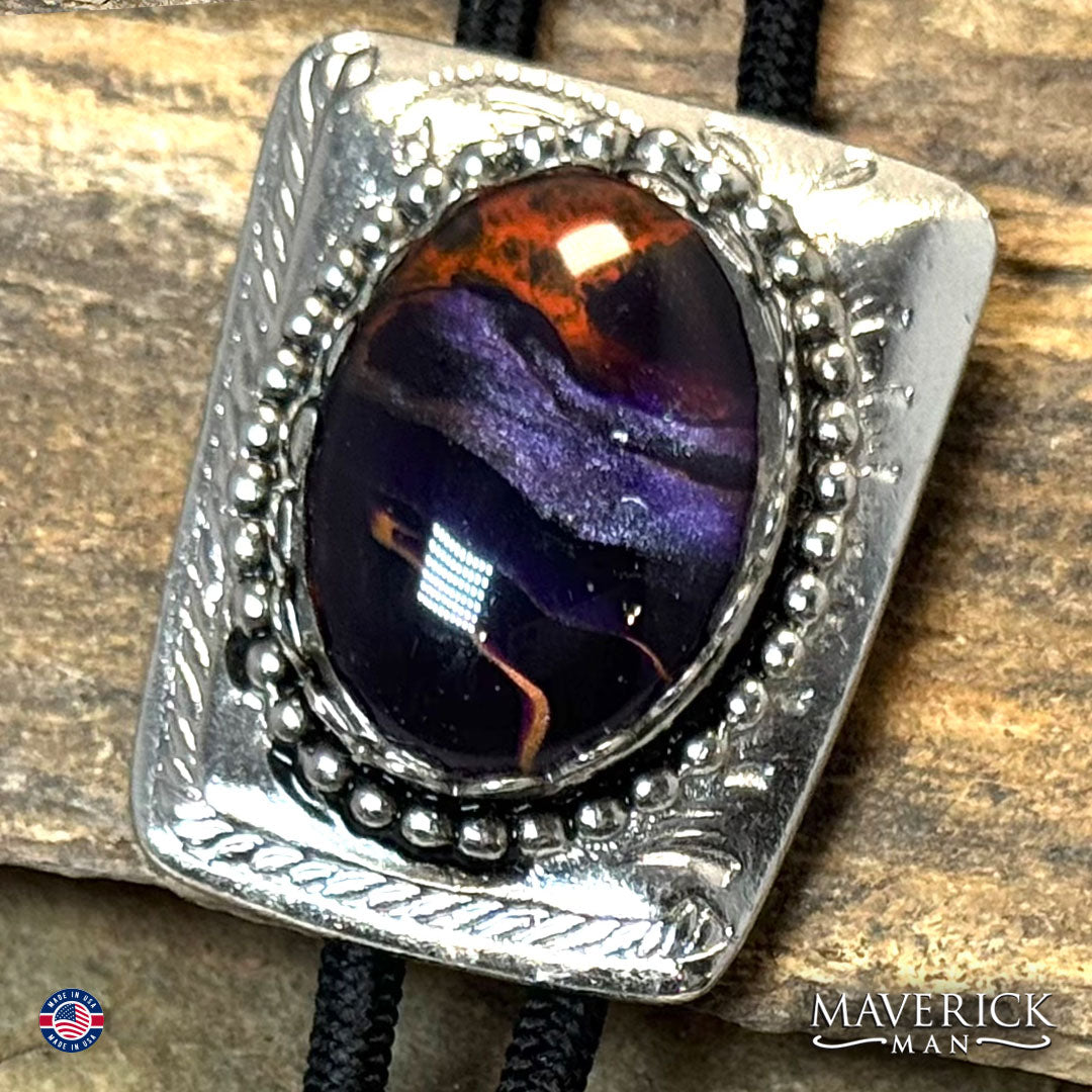 Silver bolo tie with hand painted purple and orange stone