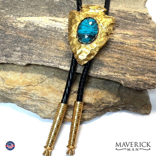 Golden arrowhead bolo tie with hand painted stone