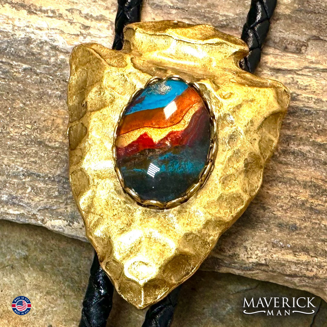 Golden arrowhead bolo tie with southwestern hand painted stone