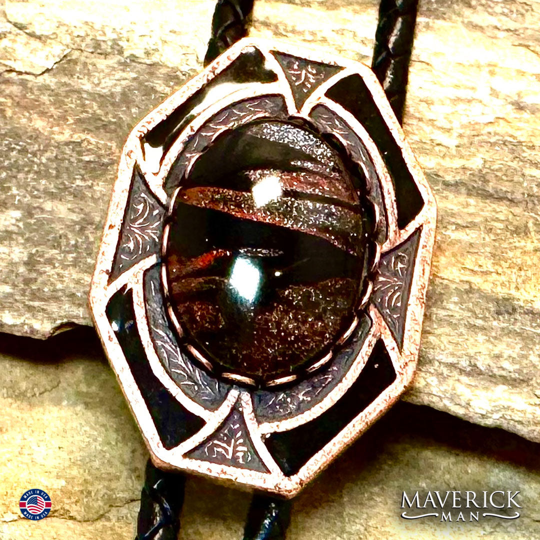Dressy copper geometric bolo tie with FOX inspired stone