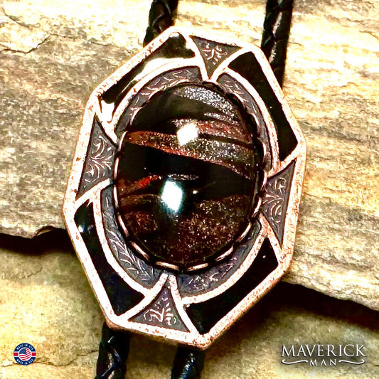Dressy copper geometric bolo tie with FOX inspired stone