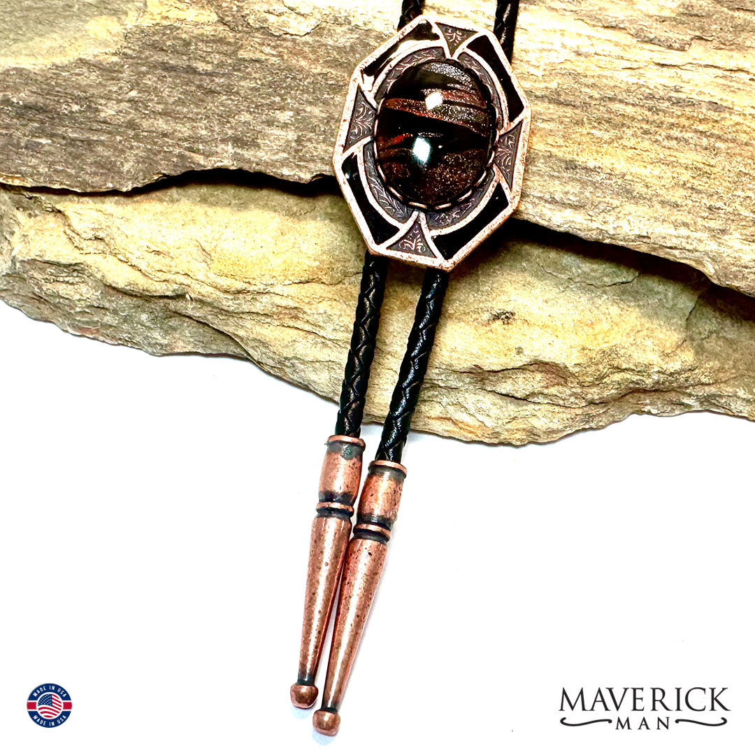 Dressy copper geometric bolo tie with FOX inspired stone
