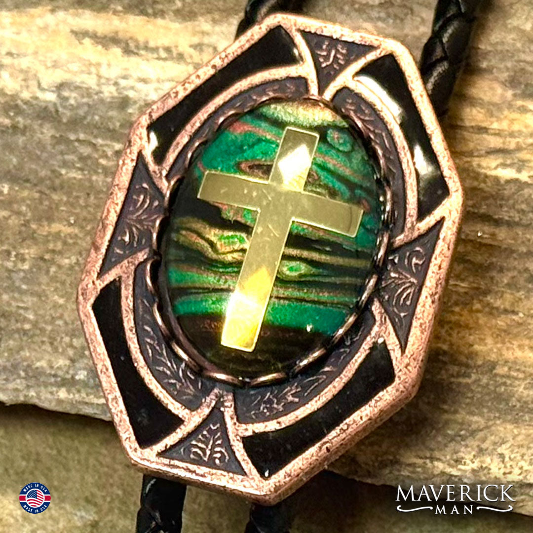 Copper Christian bolo tie with green hand painted stone