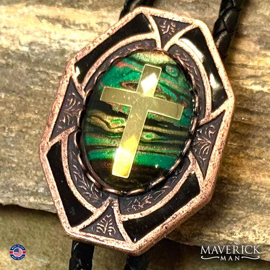 Copper Christian bolo tie with green hand painted stone
