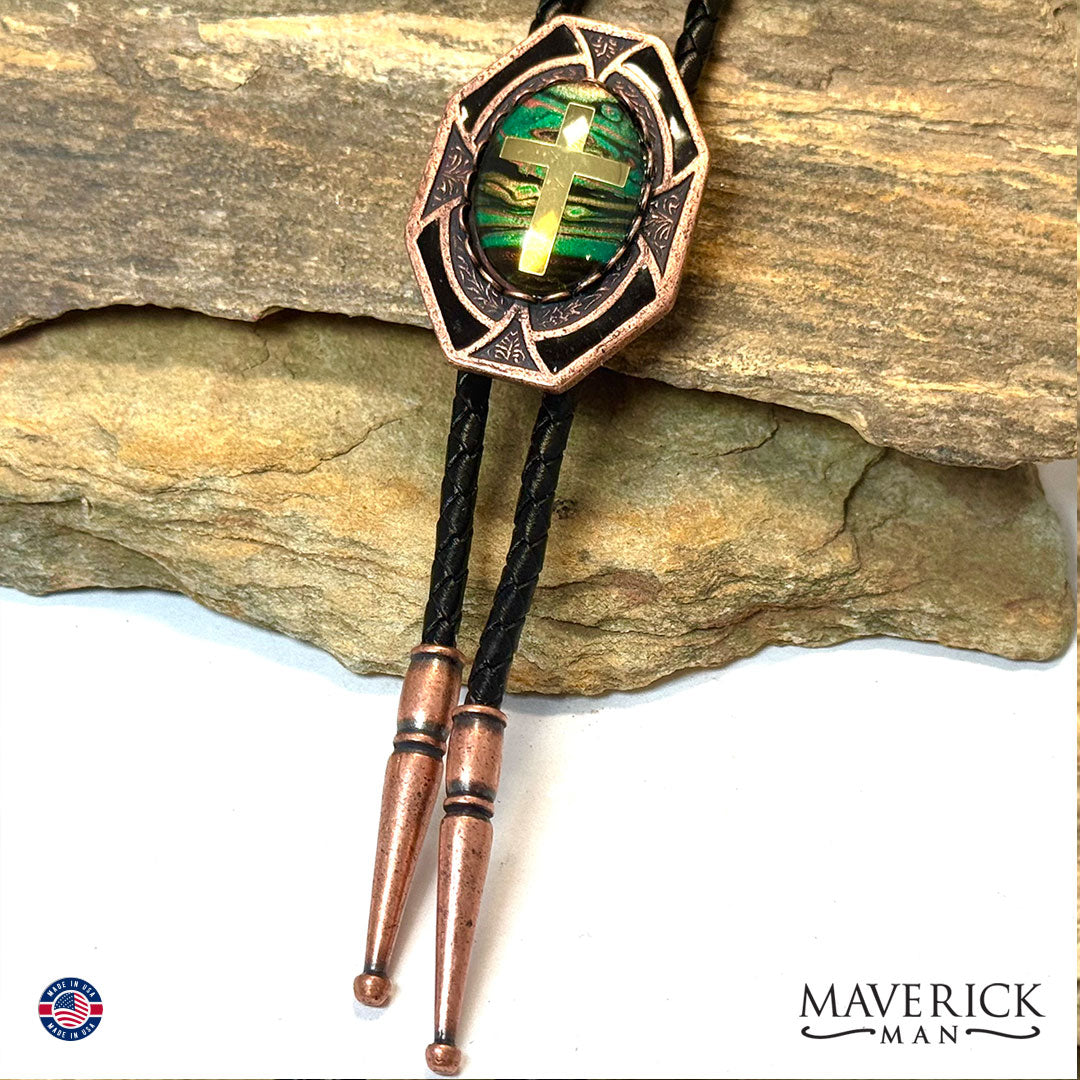 Copper Christian bolo tie with green hand painted stone