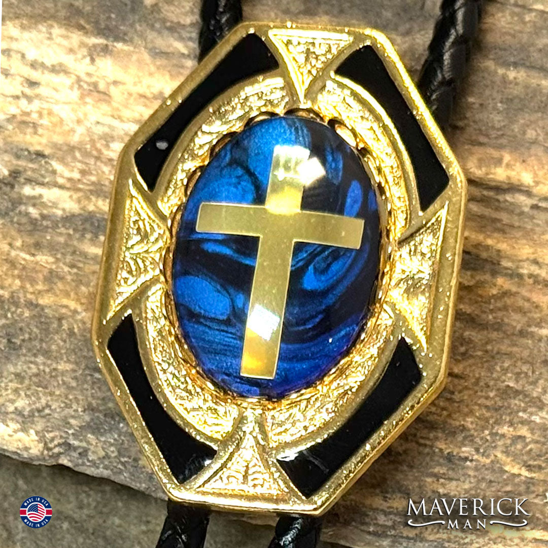 Golden Christian bolo tie with hand painted stone