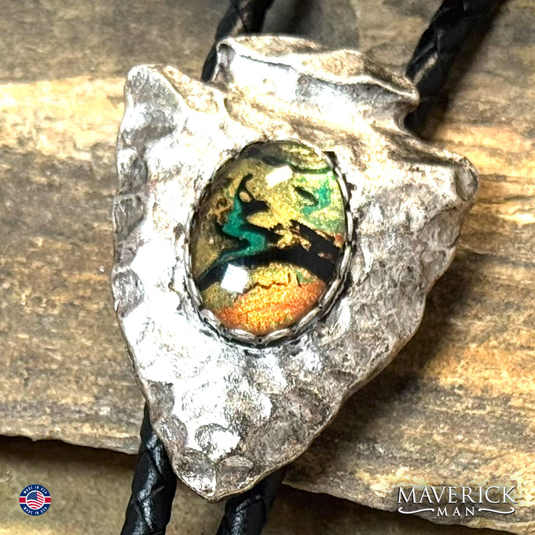 Hammered arrowhead bolo tie with hand painted stone