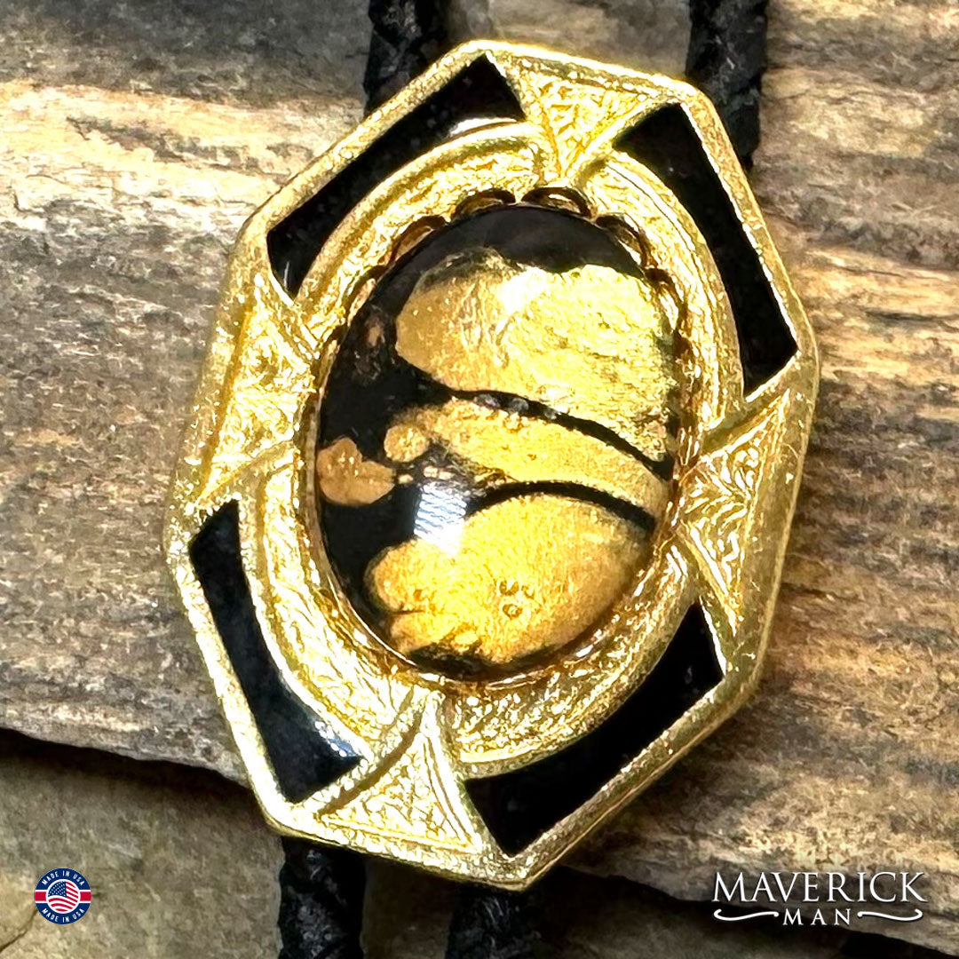 Eye-catching golden bolo tie with hand painted stone
