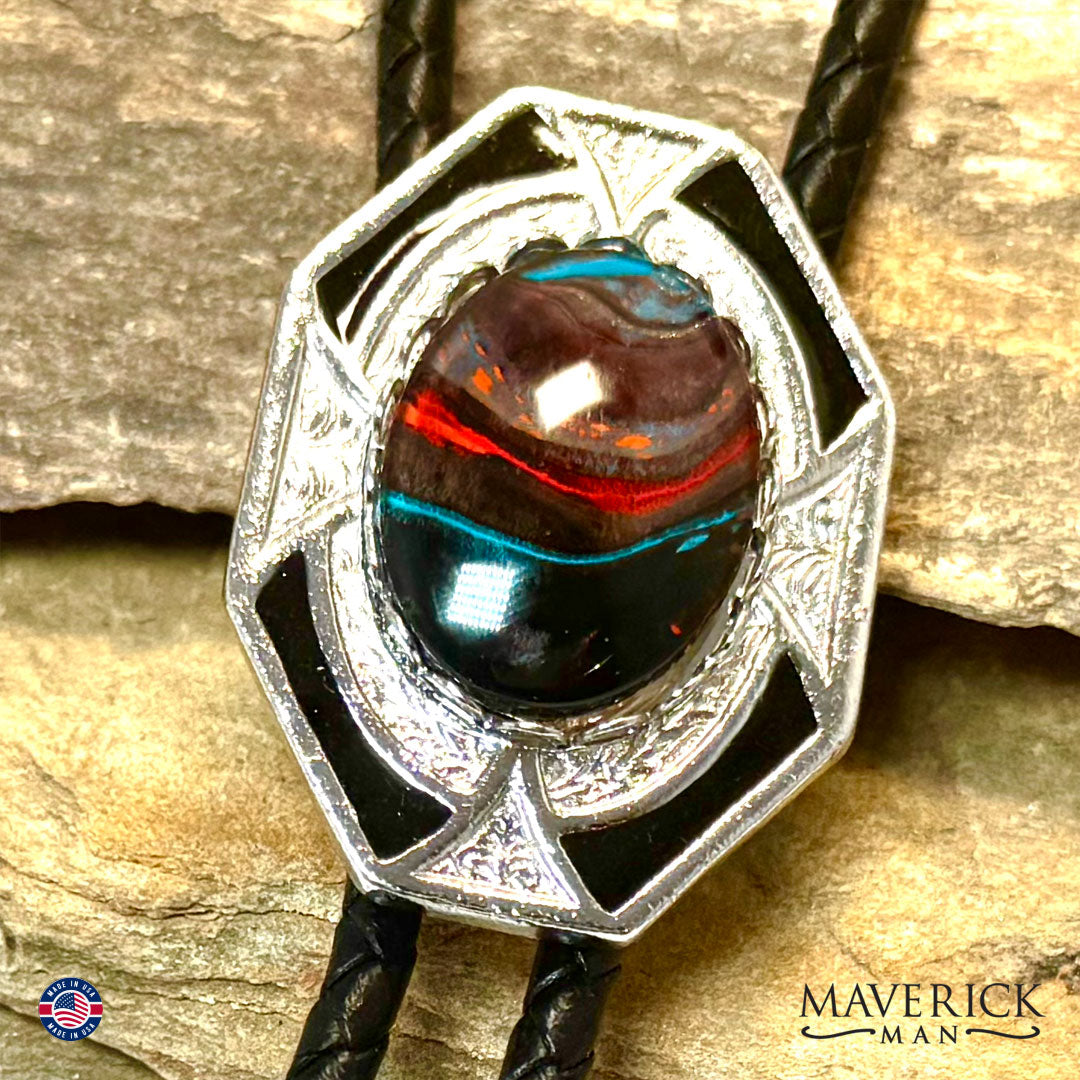 Hand painted southwestern stone in our dressy geometric bolo tie