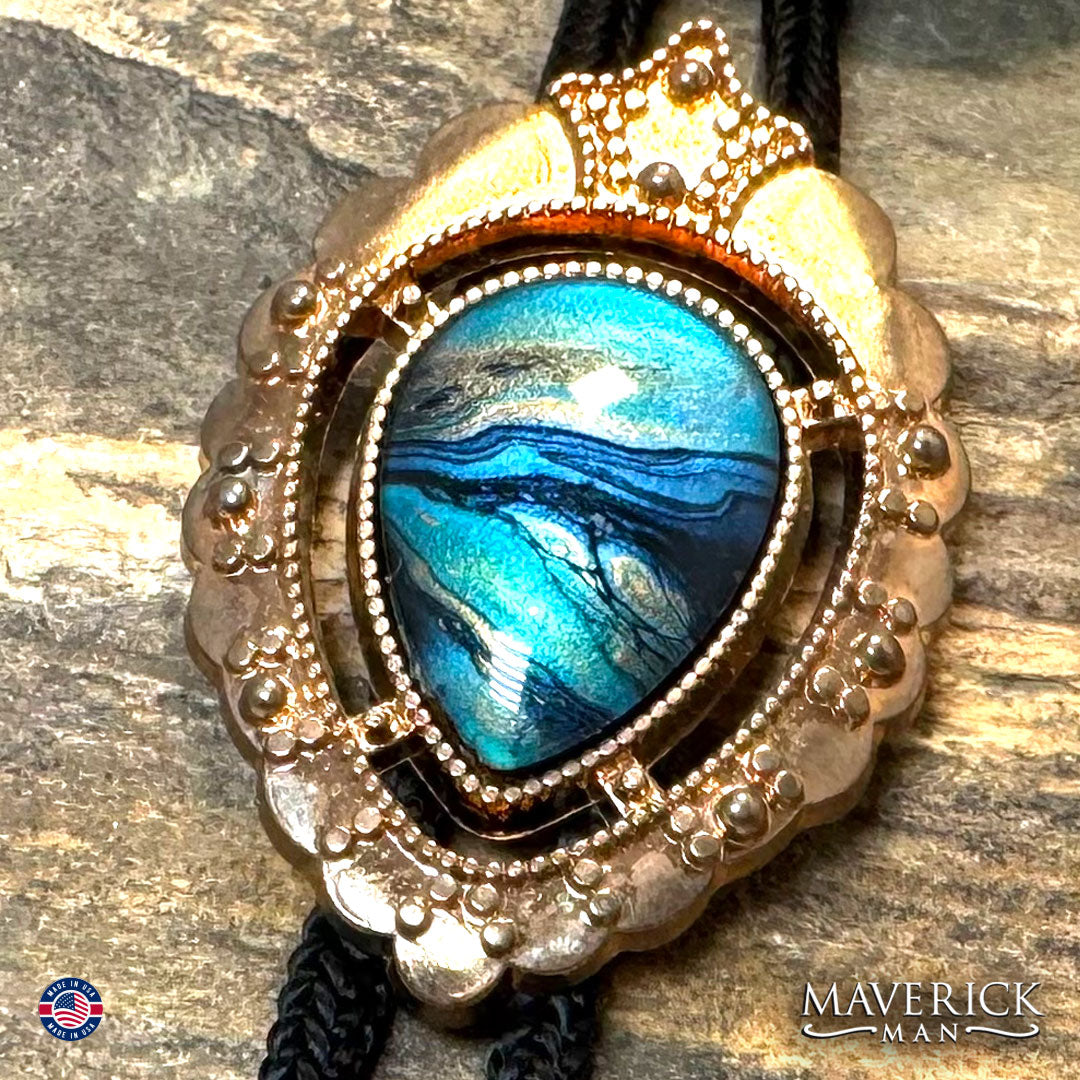Blue hand painted stone in a dressy copper bolo tie