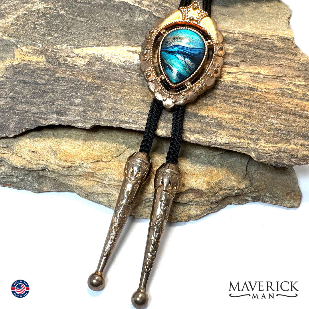 Blue hand painted stone in a dressy copper bolo tie