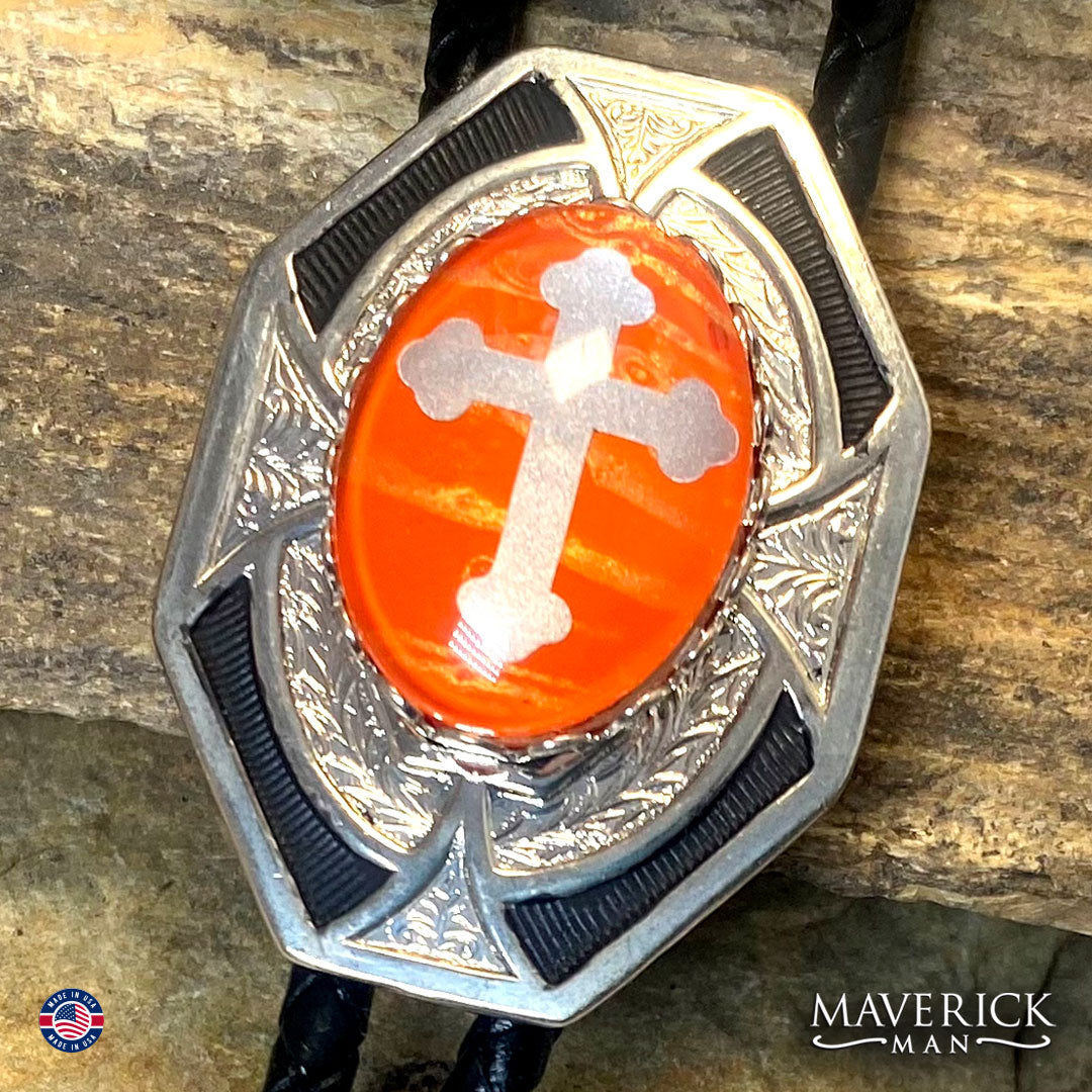 Cross bolo with hand painted orange stone