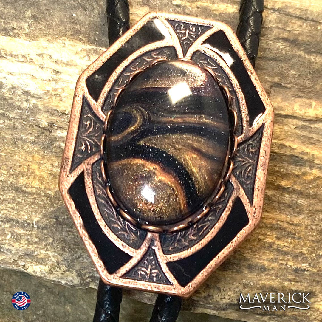 Dressy copper geometric bolo tie with FOX inspired stone