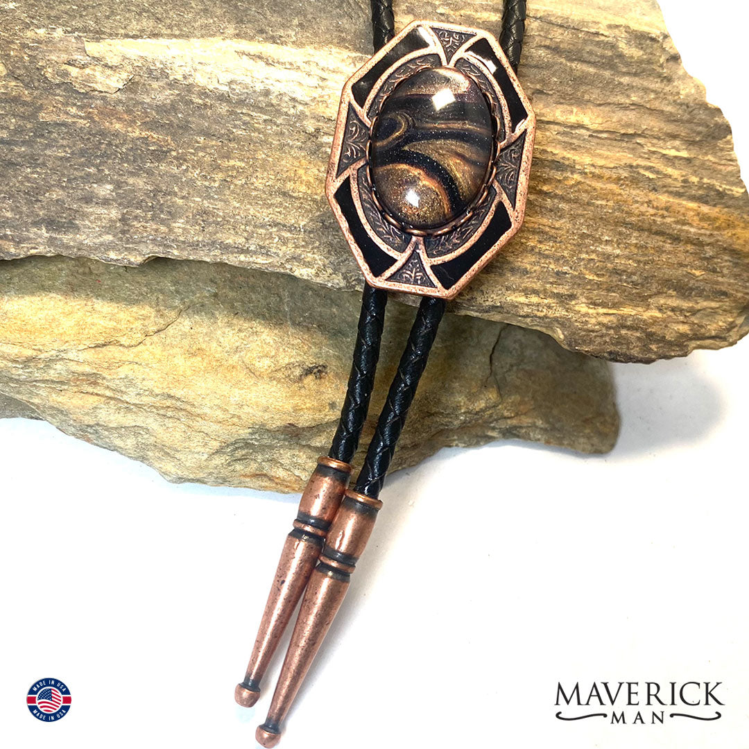 Dressy copper geometric bolo tie with FOX inspired stone