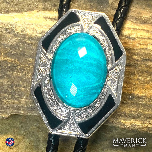 Aqua hand painted stone in our dressy geometric bolo