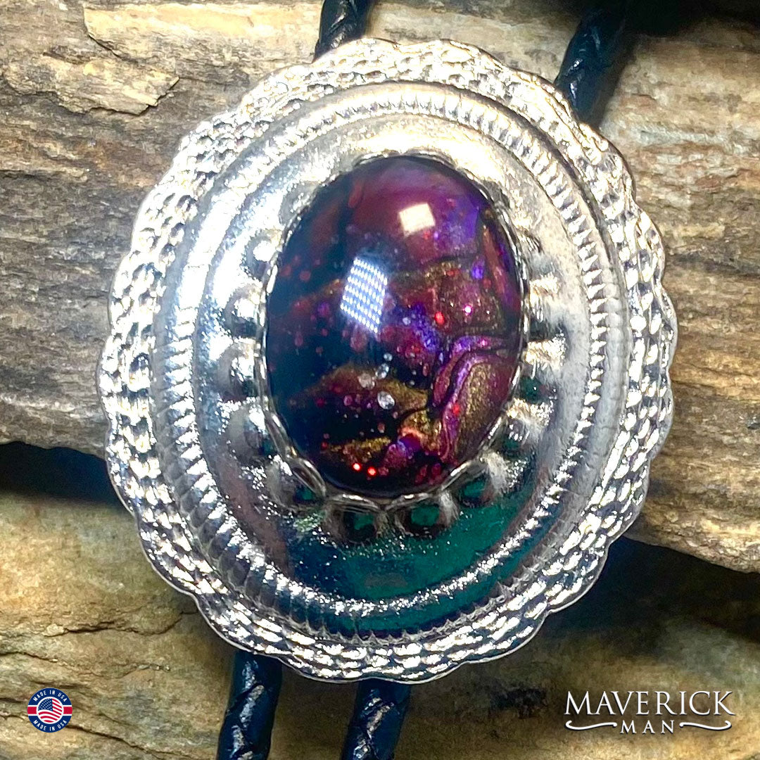 Silver concho bolo tie with hand painted stone