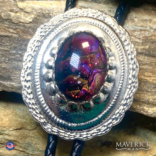 Silver concho bolo tie with hand painted stone