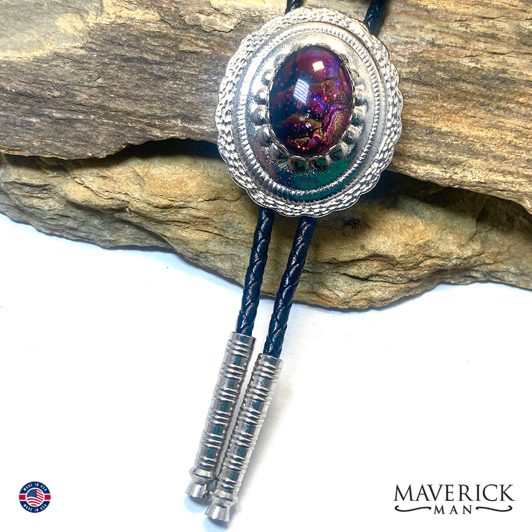 Silver concho bolo tie with hand painted stone