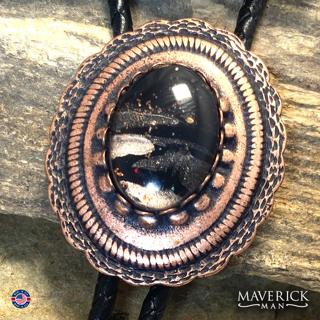 Copper bolo tie with hand painted stone in black and rose gold