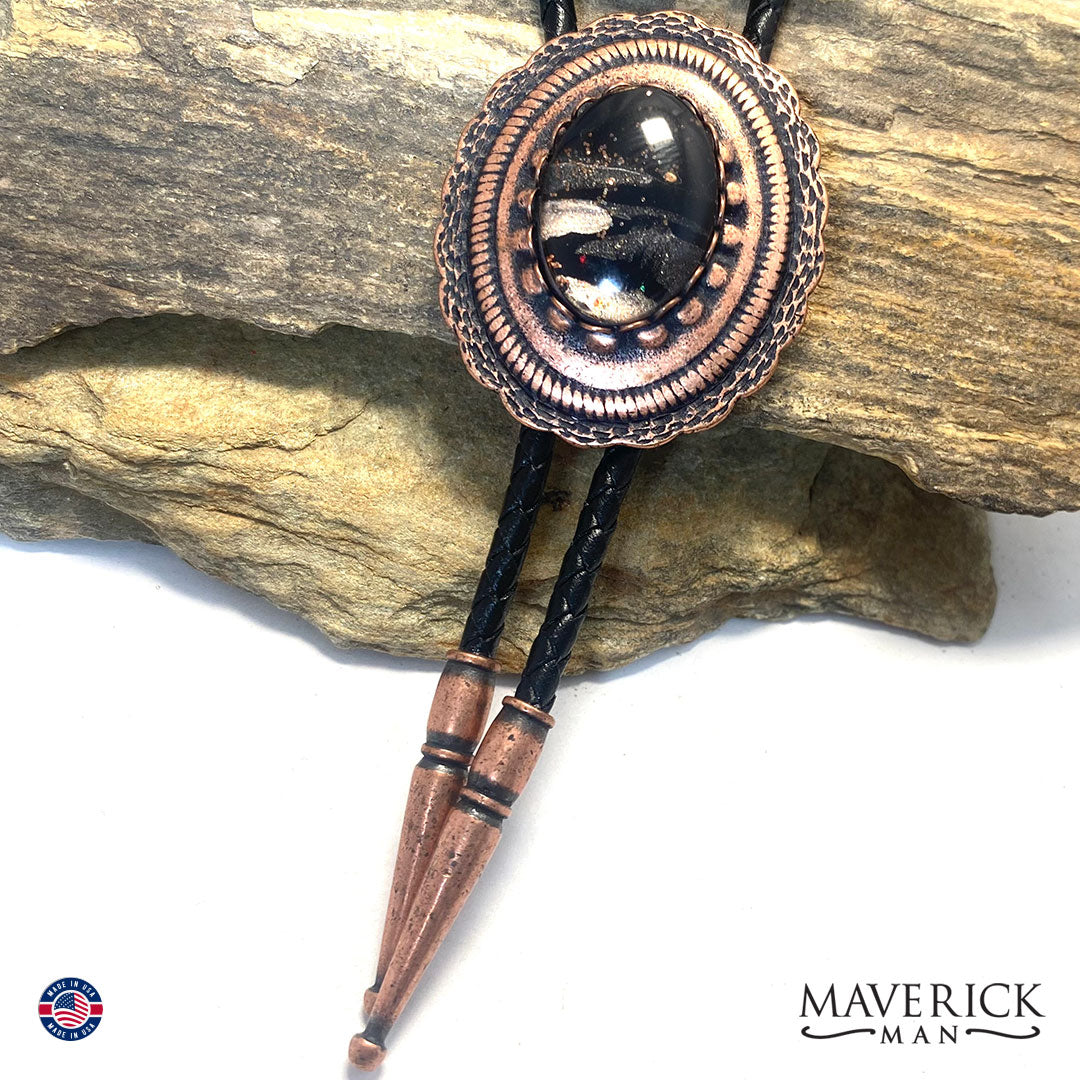 Copper bolo tie with hand painted stone in black and rose gold