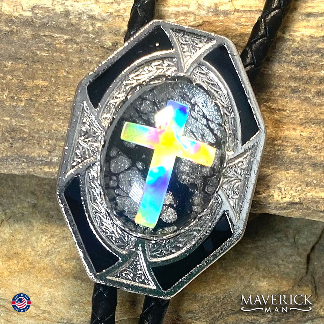 Silver Christian bolo tie with neutral hand painted stone