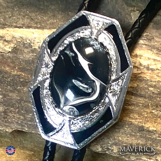 Silver bolo tie with black and white hand painted stone