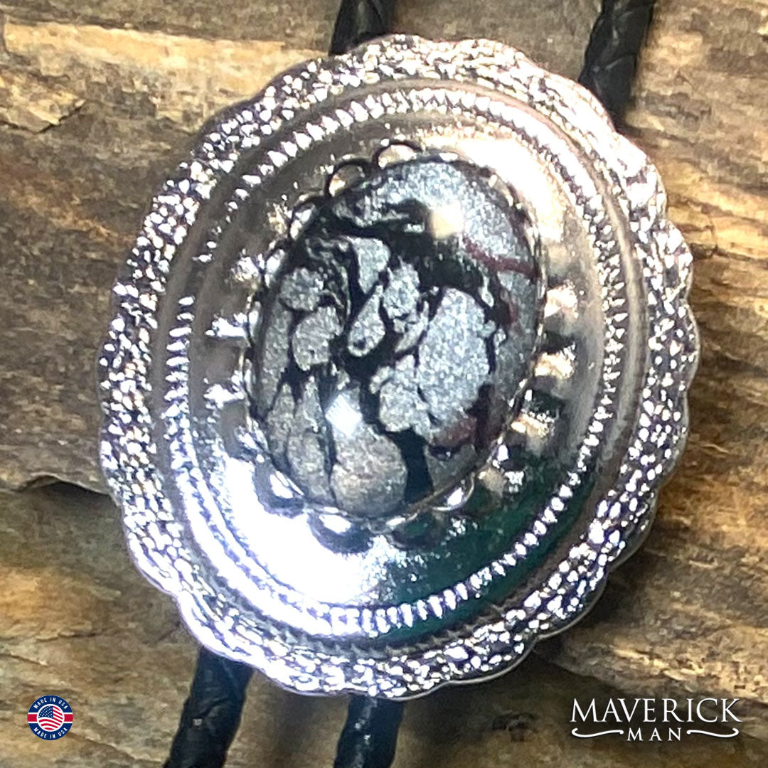 Silver concho bolo tie with neutral hand painted stone