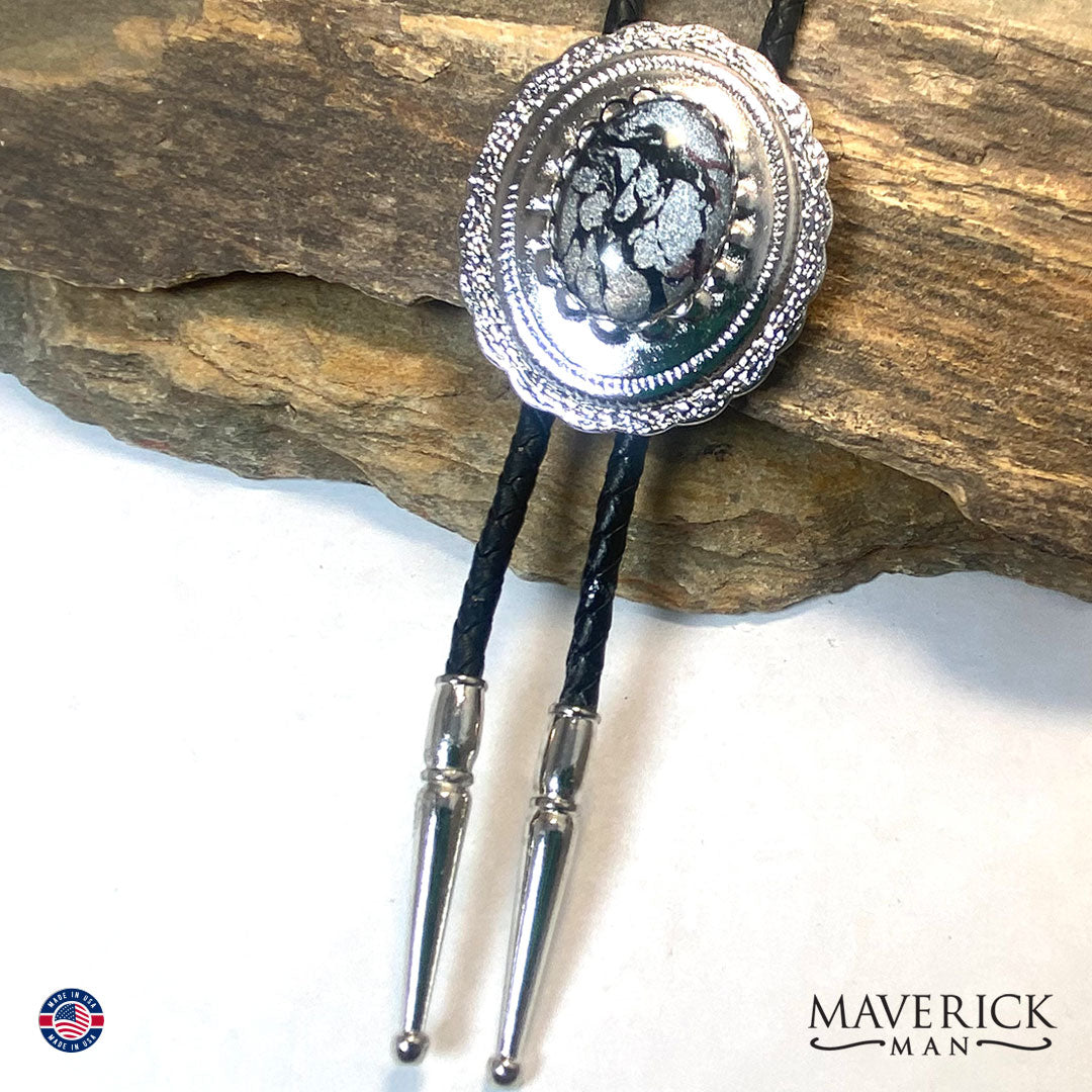 Silver concho bolo tie with neutral hand painted stone
