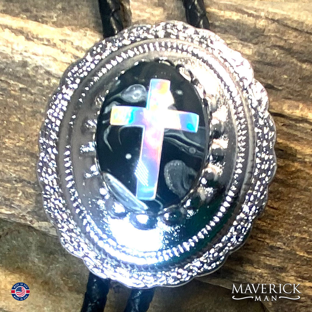 Christian bolo tie with black and white hand painted stone