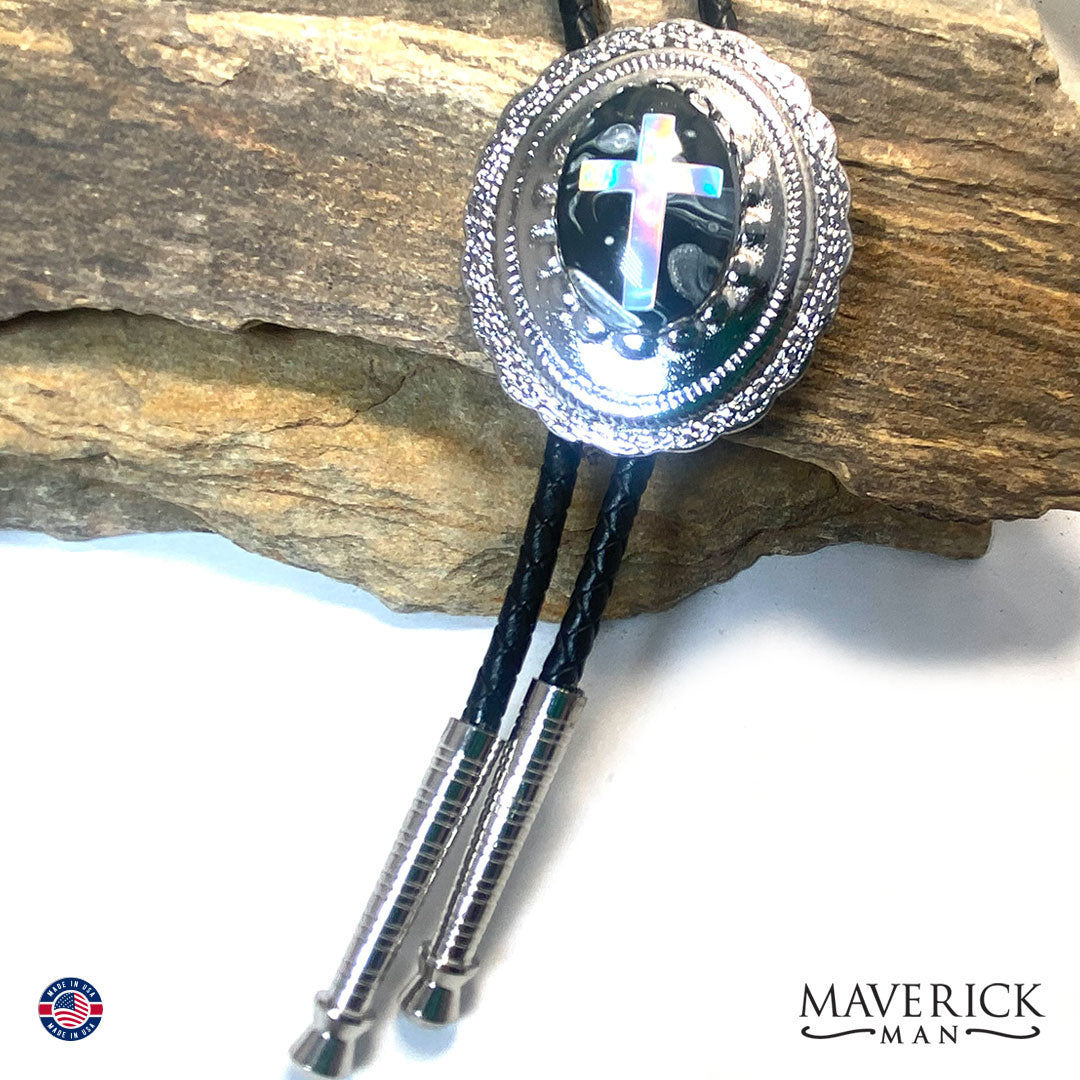 Christian bolo tie with black and white hand painted stone
