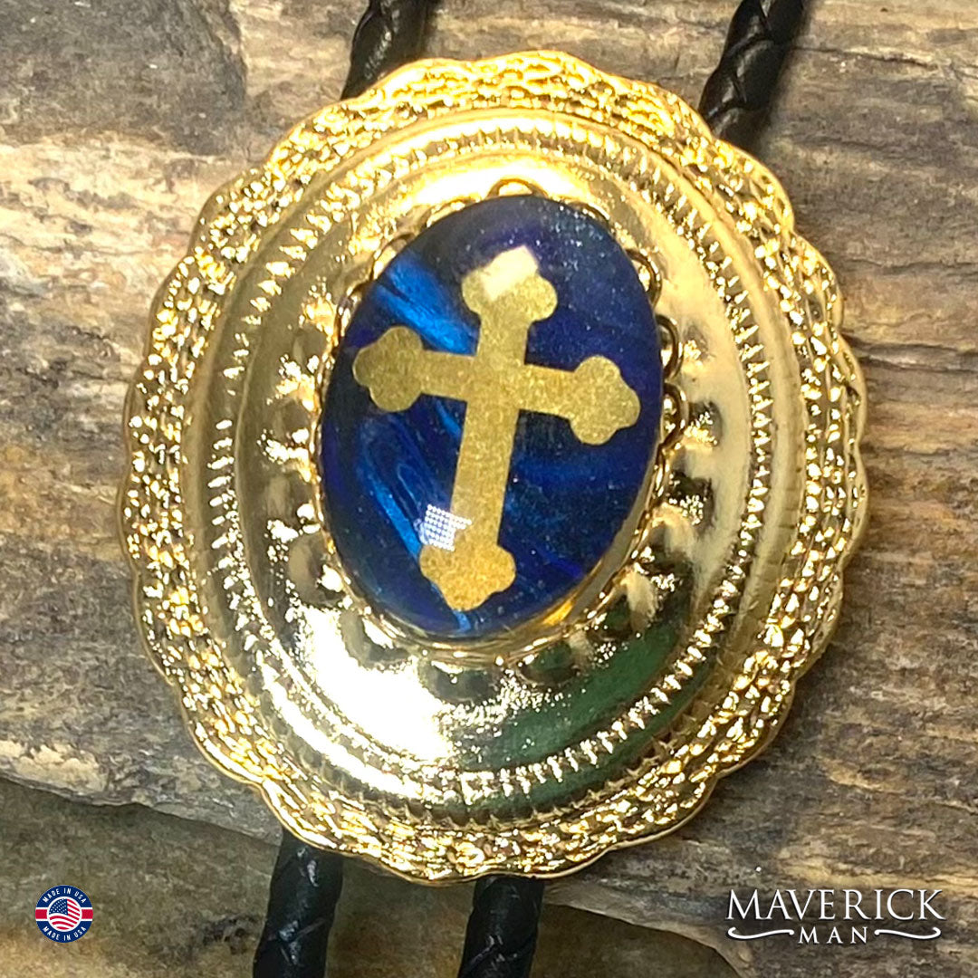 Golden Christian bolo tie with hand painted stone