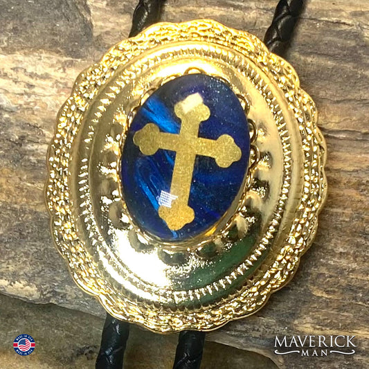 Golden Christian bolo tie with hand painted stone