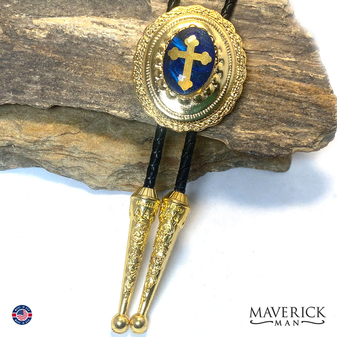 Golden Christian bolo tie with hand painted stone
