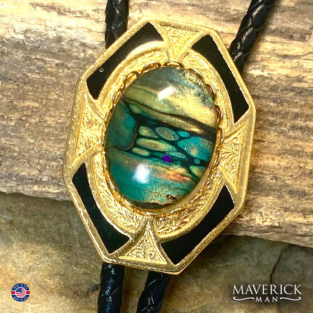 Gold and black bolo tie with hand painted stone in greens