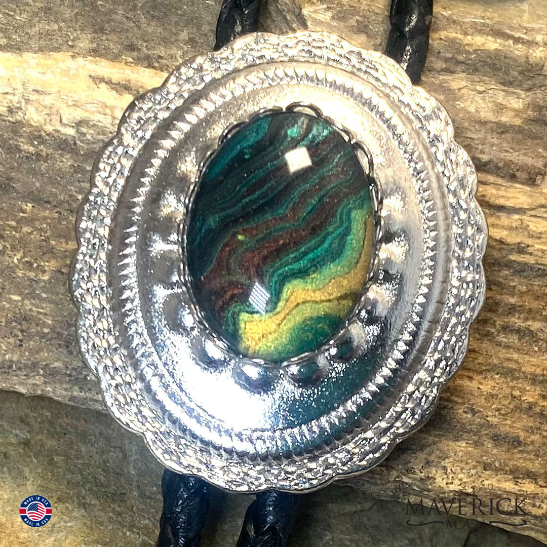 Concho bolo tie with hand painted green and brown stone