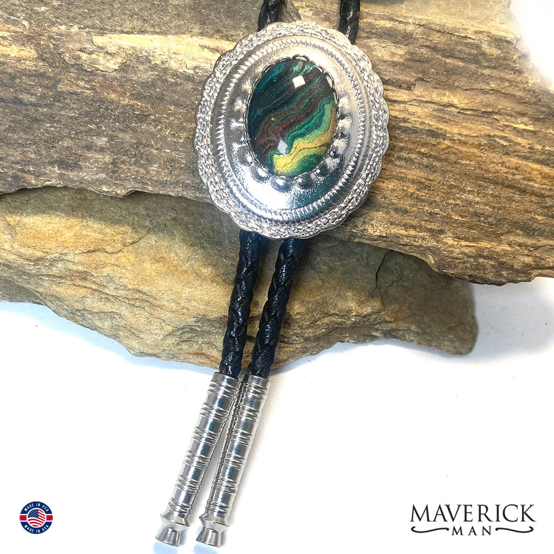 Concho bolo tie with hand painted green and brown stone
