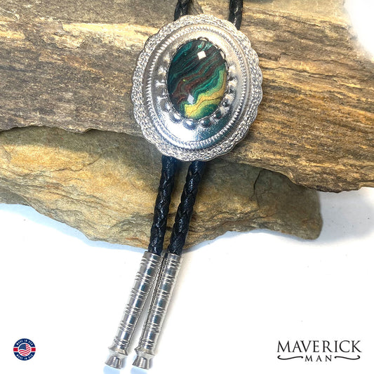 Concho bolo tie with hand painted green and brown stone