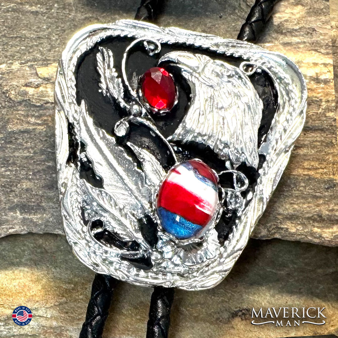 Silver eagle bolo with red white and blue stones
