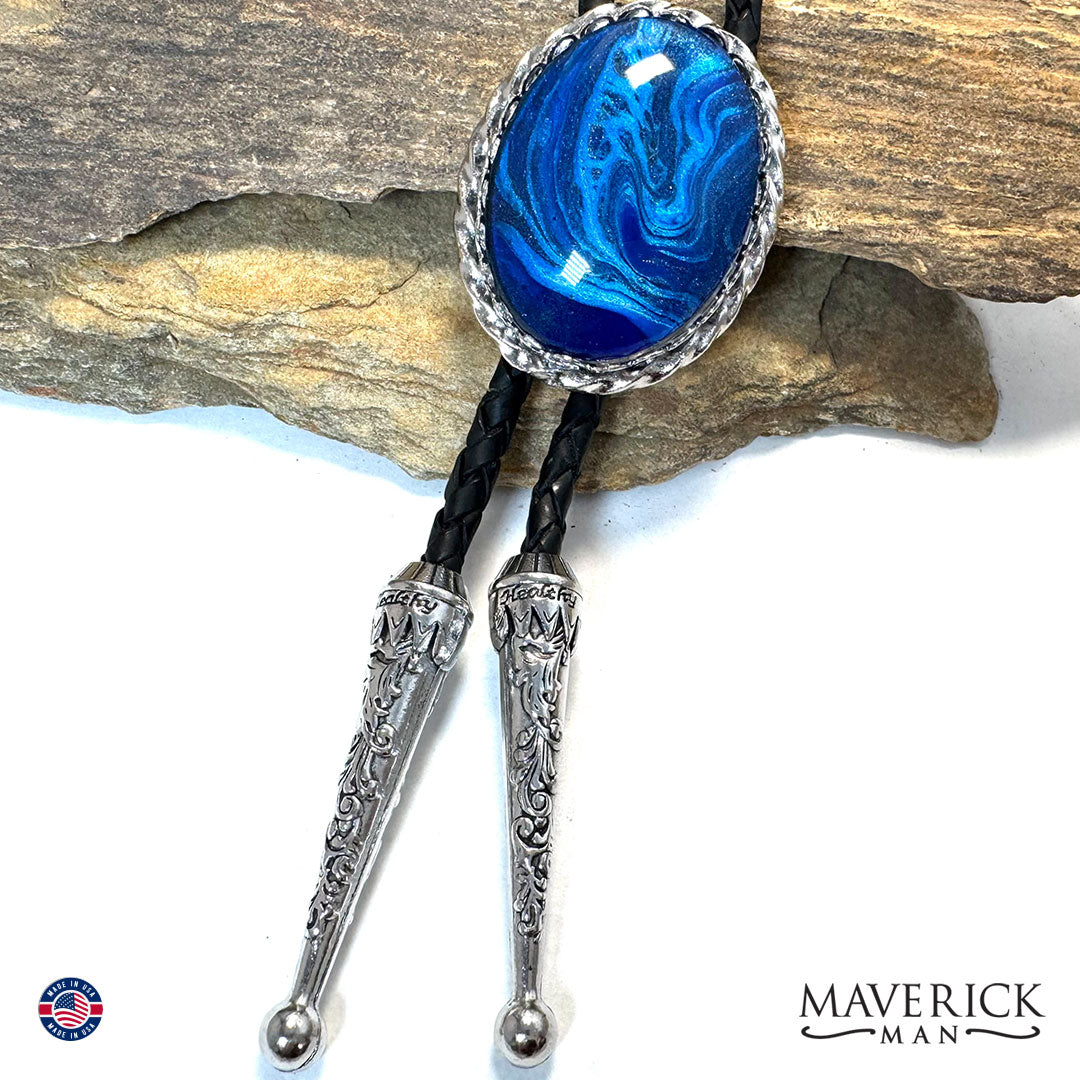 Handsome blue bolo tie and buckle set