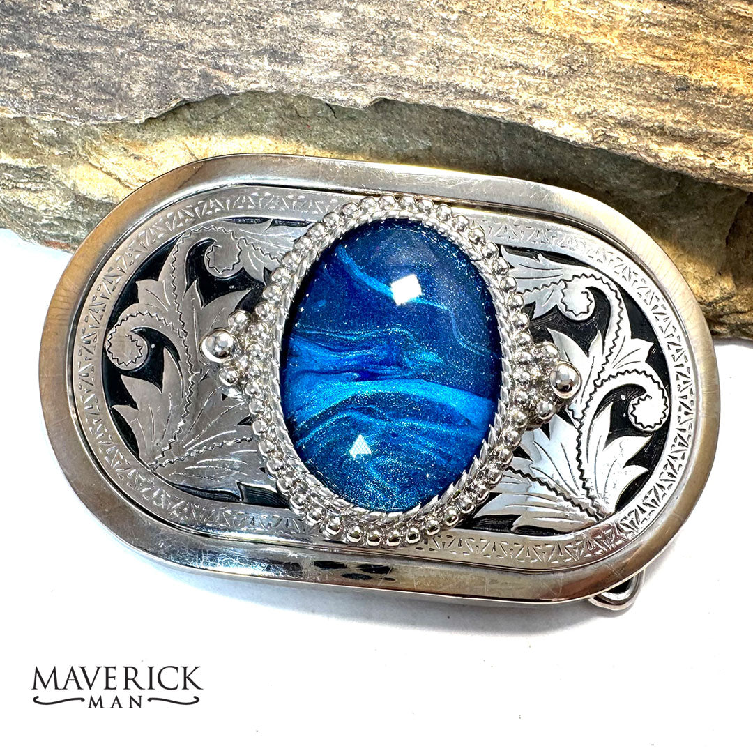 Handsome blue bolo tie and buckle set