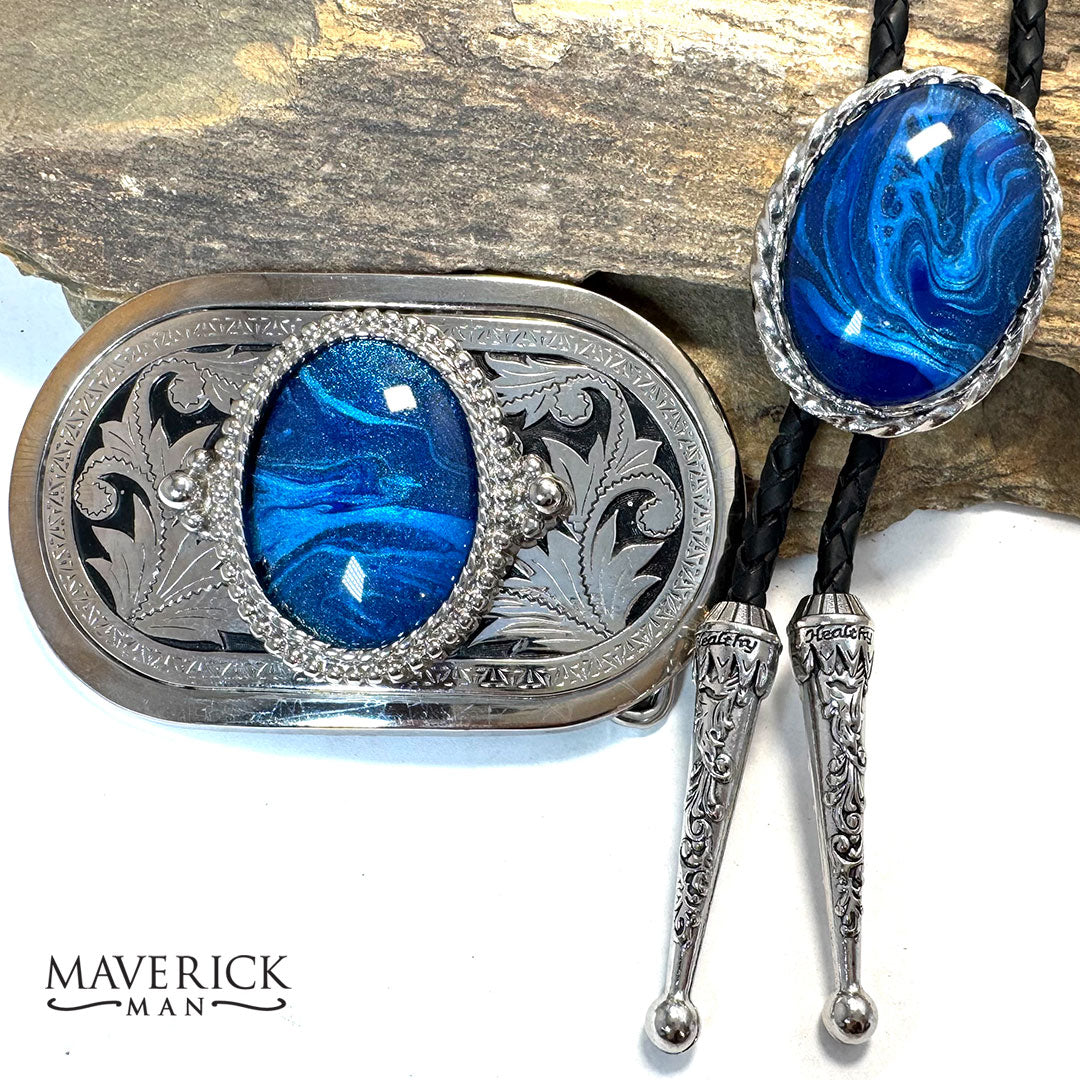 Handsome blue bolo tie and buckle set